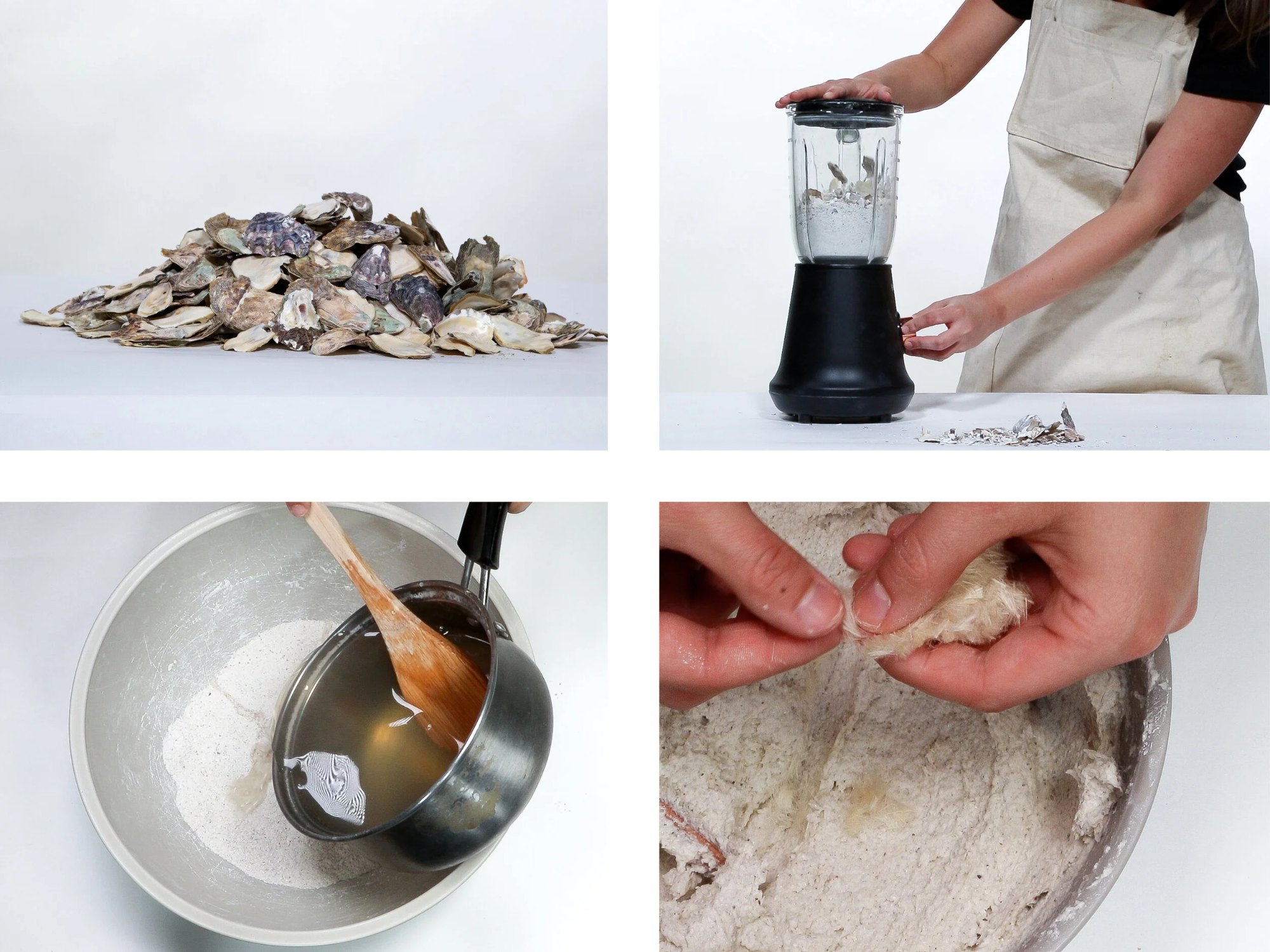 Process of making the material; ground oyster shells are combined with agar and pushed through a sieve to create a smooth, printable material. Hemp fibres are also added, increasing the strength by more than double.