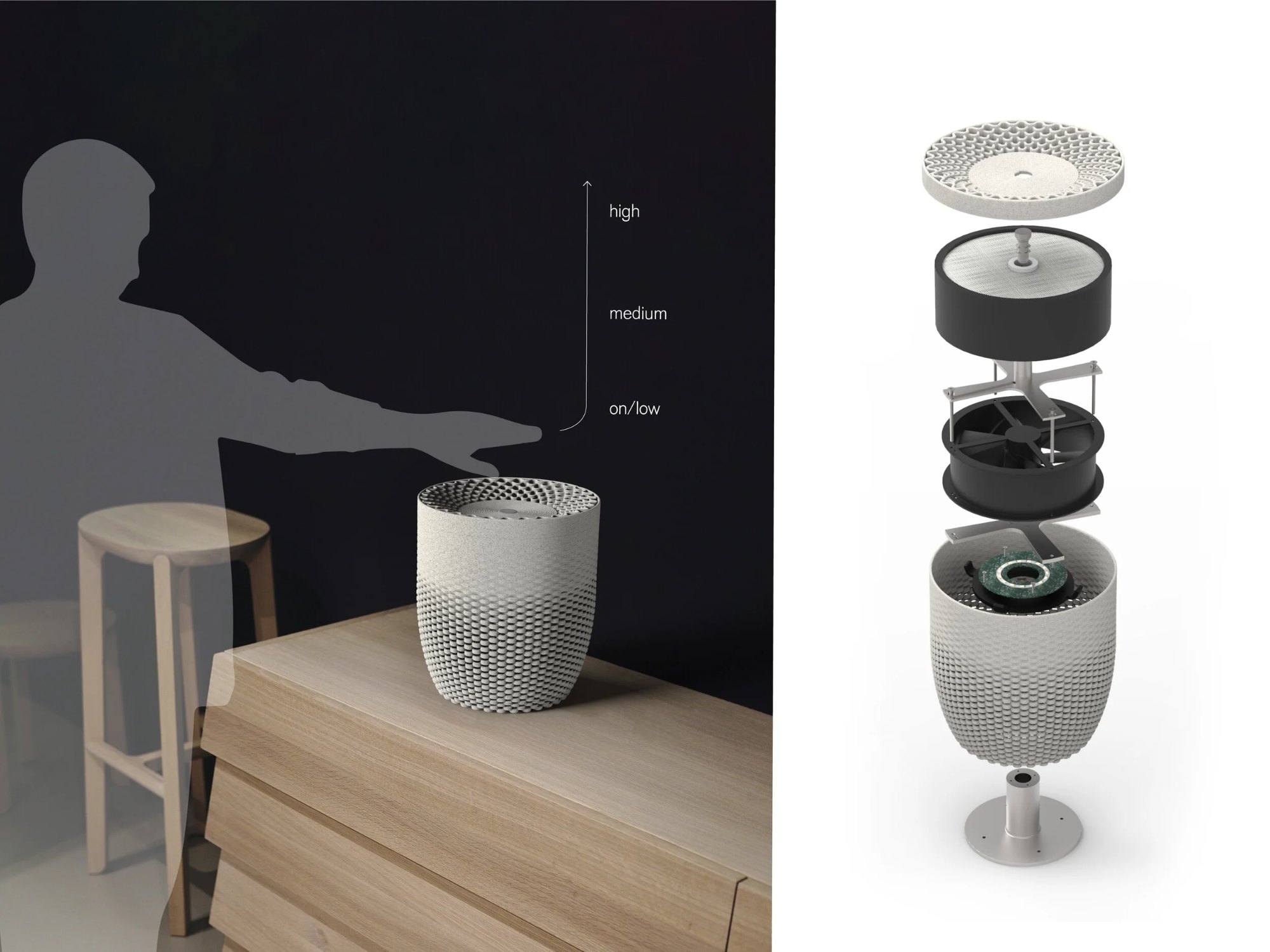 Gestural interaction is used to control the air purifier during day to day use. | Technical and biomaterial components are integrated in a way that allows for easy separation at the end of life.